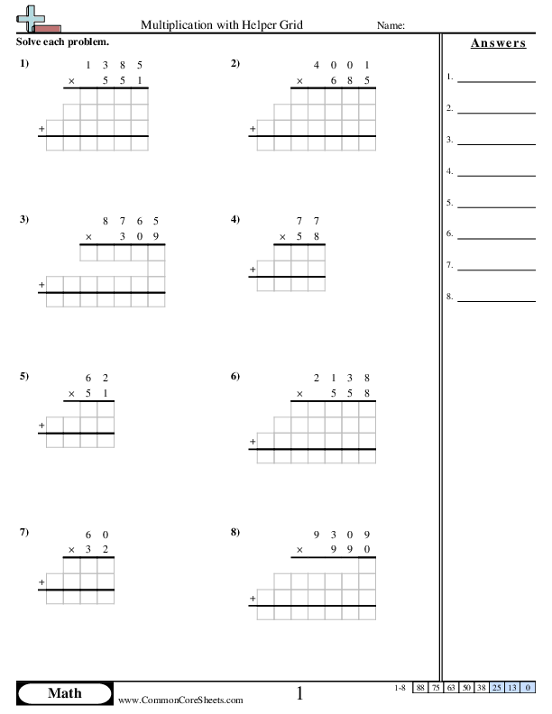 Multiplication with Helper Grid worksheet